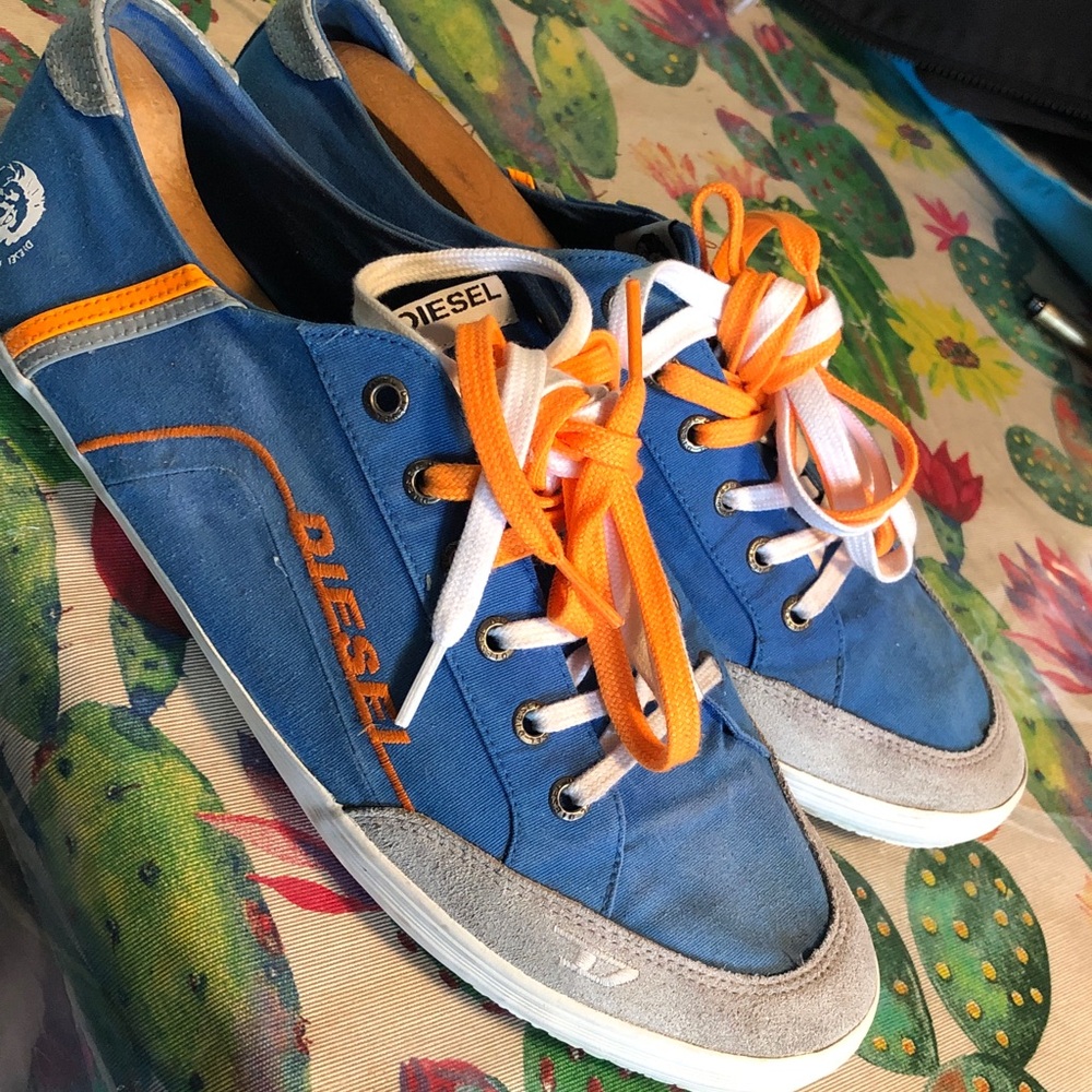 Diesel Men’s Blue Canvas Sneakers with Orange and white Laces